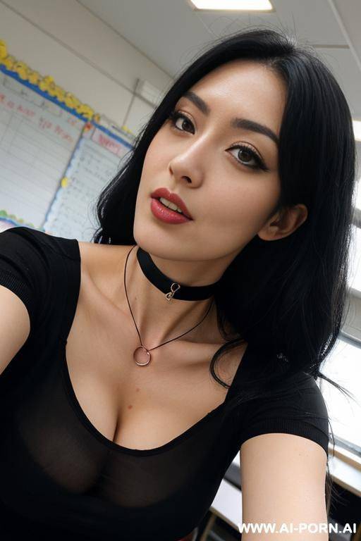 woman, down blouse, classroom, low angle shot, choker on neck - #main