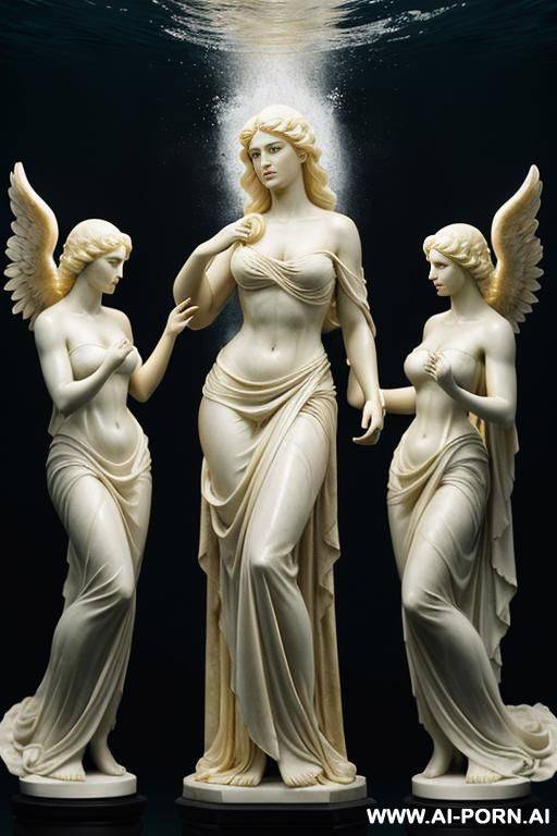 a majestic, goddess-like figure lifting four dark cherubic evoking themes of mythology and divine motherhood. the woman stands short and tired, d in flowing, grecian-style robes, and her expression - #main
