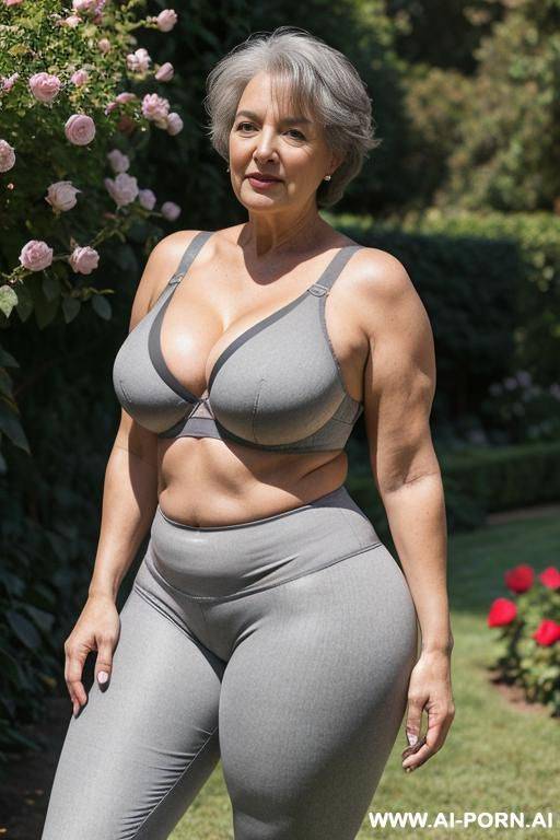 0-year-old grandmother, short gray hair, visible age marks, triangle hips, thick thighs, wearing gray legging and bra, hands on hips, rose garden - #main