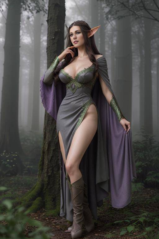1 (beautiful elven queen), (brunette), (high cheekbones), (pointed chin), ( elven ears), (light purple high fantasy style dress), (full body shot), (photorealistic), 2 (grey fog), (green forest), (lewd) - #main