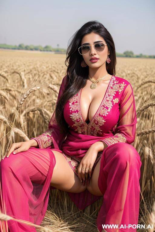 a pakistani woman in pakistani dress showing her private parts openly sitting in wheat field sunglasses perfect boobs perfect pussy touching perfect front legs open pink and red - #main