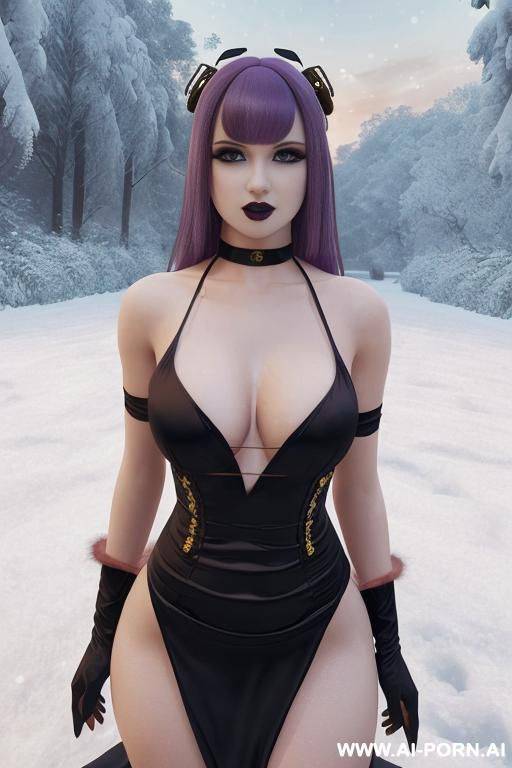 perfect bombshell, perfect breasts, eye contact, giant round breasts, giant round ass, round face, square jawline, soft inviting smile, very long hair, heavy tits, white, massive tits, (((snow winter - #main