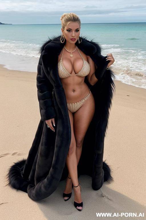 a gorgeous woman in a military outfit opened to reveal her cleavage, diamond necklace, and a luxurious rich fluffy luxurious oversized huge fur coat, stilettos, on the beach - #main