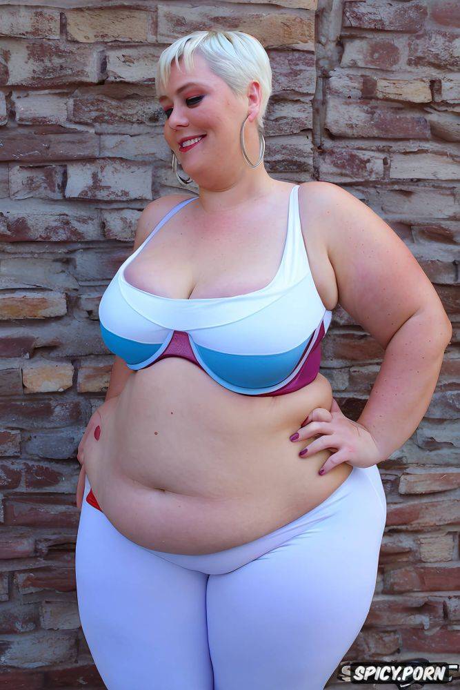 looking at camera, white woman, pixie hair, camel toe, hoop earrings - #main