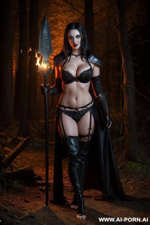vampire look. bright red eyes. bare foot. wearing black bra and panties. wearing barbarian armor. carrying a battleaxe. fire burning on the ground. - #main
