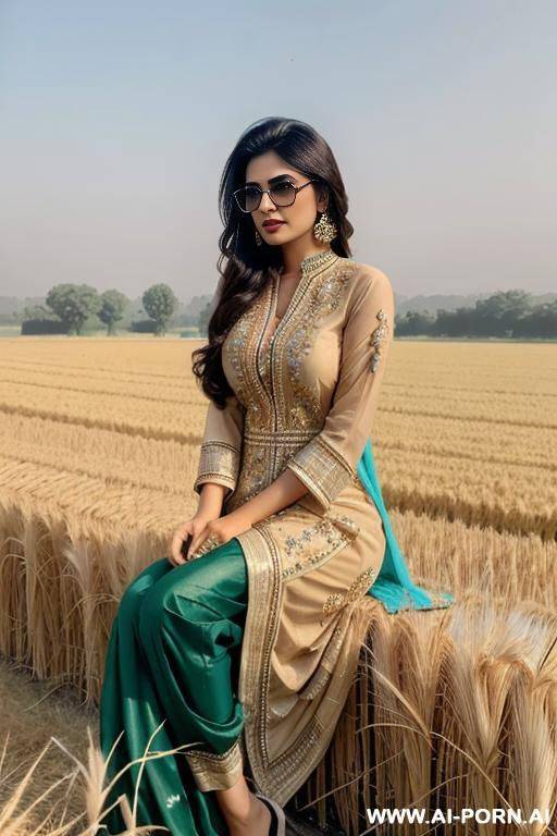a pakistani woman in pakistani dress showing her private parts openly sitting in a wheat field sunglasses - #main