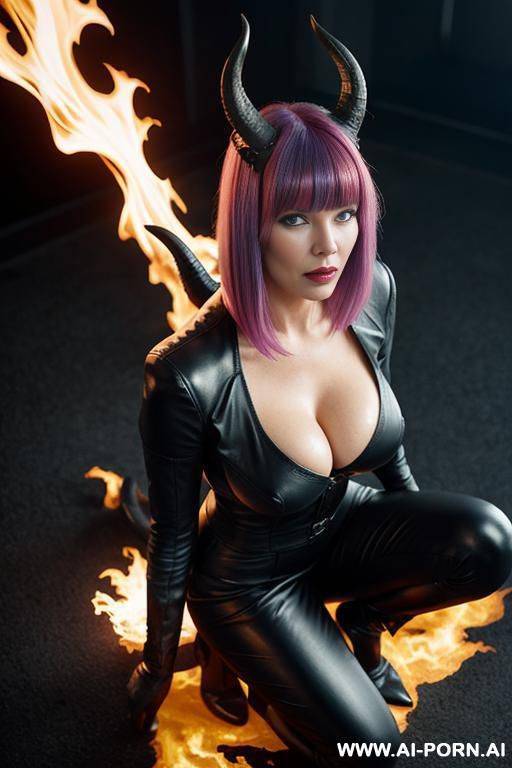 the image depicts a woman in a black leather outfit with horns, standing in front of a fiery background, accompanied by a large horned creature. - #main