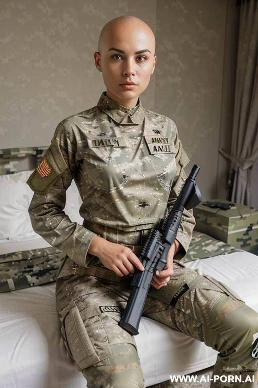 short haired military woman chilling on bed - #main