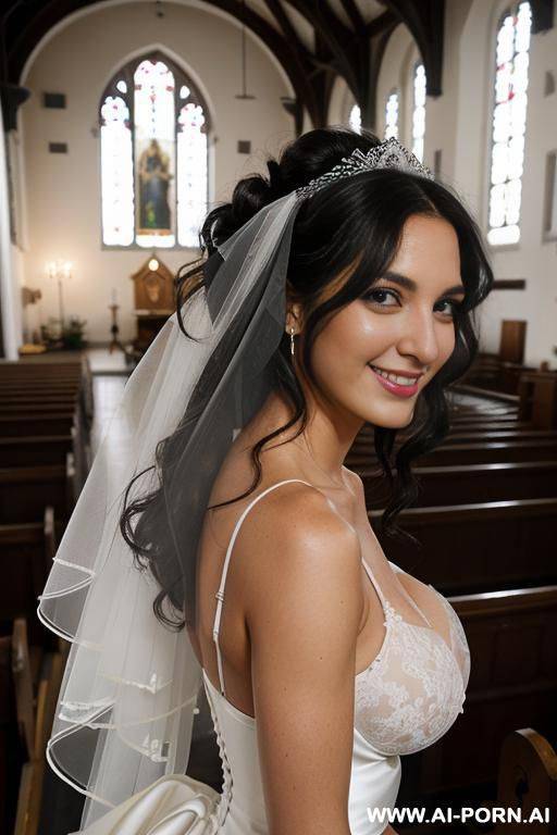 full view, shoulder-length black hair, curls, white high heels, wedding dress, visible panties, in the middle of a church full of people, veil, - #main