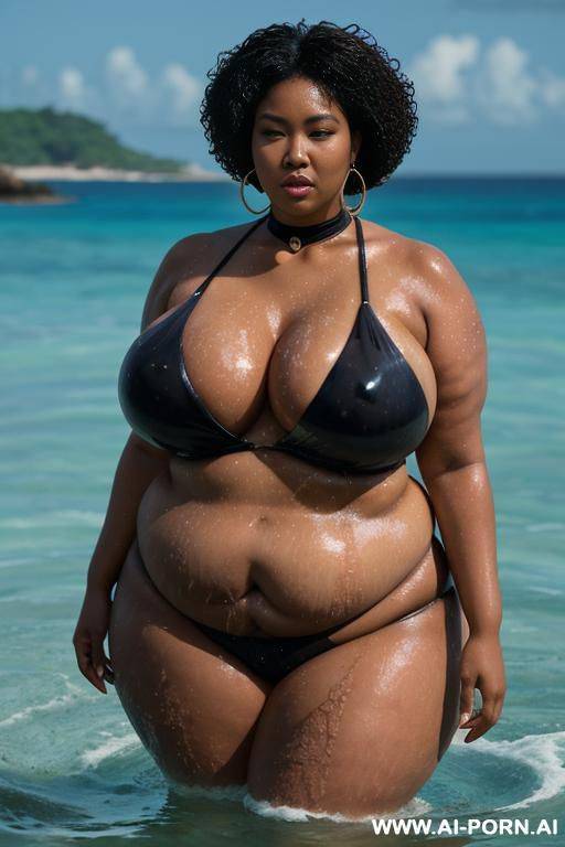 afro-asian, milf, hoop earrings, gigantic boobs, huge ass, wide hips, dark skin, choker, ocean, standing in water, wet body, (slicked-back hair:1.1), (soaking-wet hair:1.1) - #main