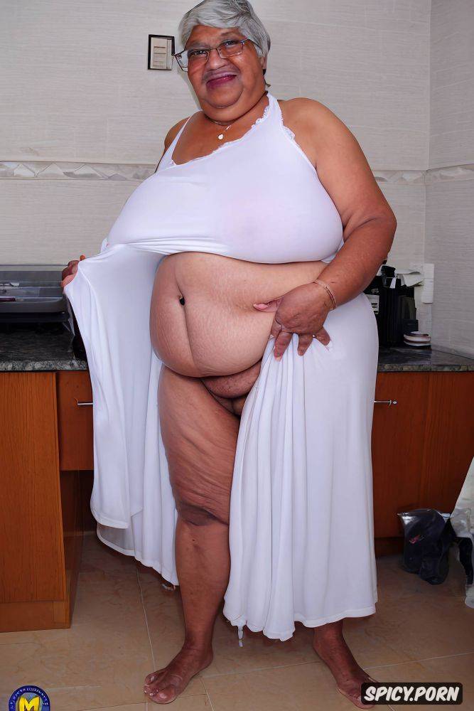 wearing tight long white sheer night gown, fupa, an old fat saudi granny - #main