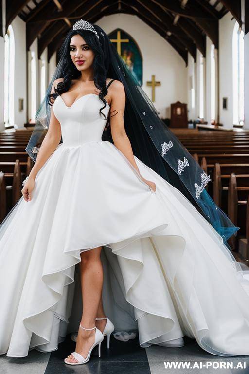 black hair, curls, princess dress, white dress, wedding dress, white high heels, inside the church, veil, lots of people - #main