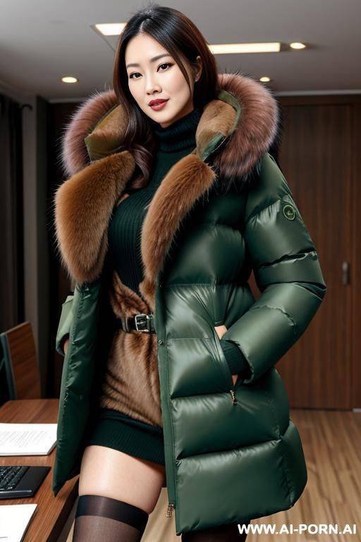 secretary wearing gigantic green puffer coat with brown fur hood, vaginal insertion - #main