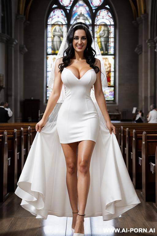 full view, black hair, curls, white high heels, white dress, wedding dress, you can see panties, white high heels, in the middle of a church full of people, veil, - #main
