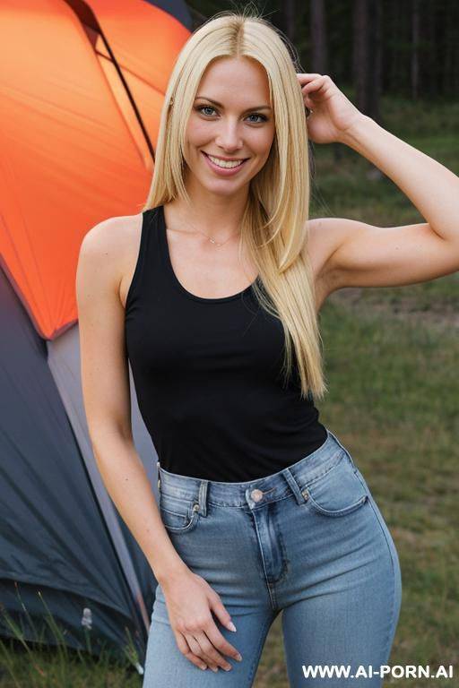 blonde woman, standing, tank top, jeans, camping trip - #main