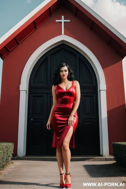 standing in front of the church, curls, dark-haired in a sexy red dress, red high heels - #main