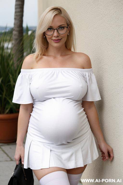 tight white top, white skirt with strap, rond metal glasses, pregnant, white stockings - #main