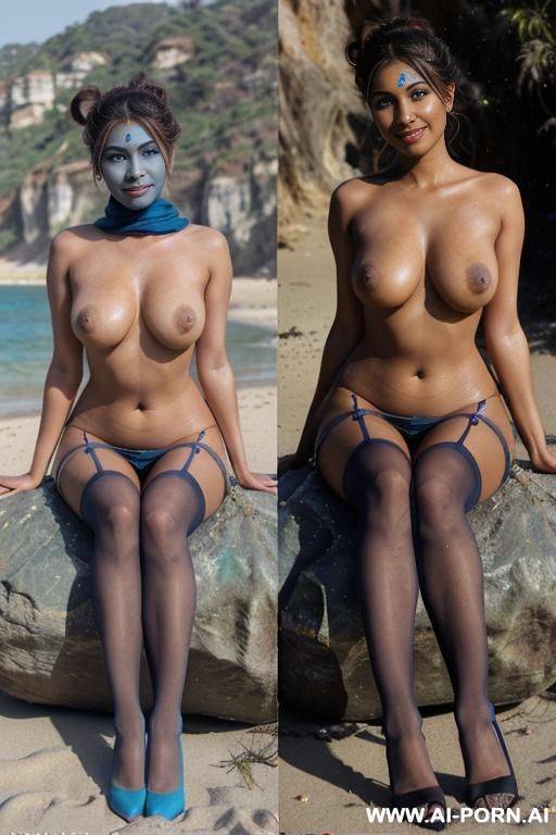 ((dark skin indian woman with hijab)), (((full body view)), ((seductive smile, blue eyes makeup)), stockings, under the sun, outside on the beach, near see, high heel, stockings, feets in water, - #main