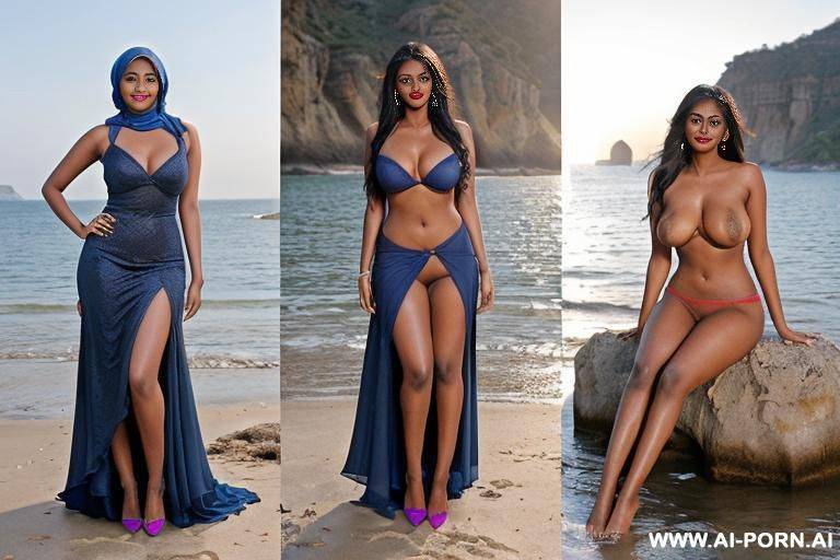((dark skin indian woman with hijab)), (((full body view)), ((seductive smile, red lipstick, blue eyes makeup)), sexy prom dress, stockings, under the sun, outside on the beach, near see, high - #main