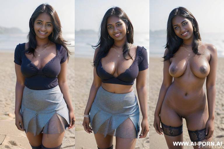 ((dark skin mid-indian mid_asian woman)), (((full body view)), ((seductive smile)), stockings, under the sun, outside on the beach, near see, high heel - #main