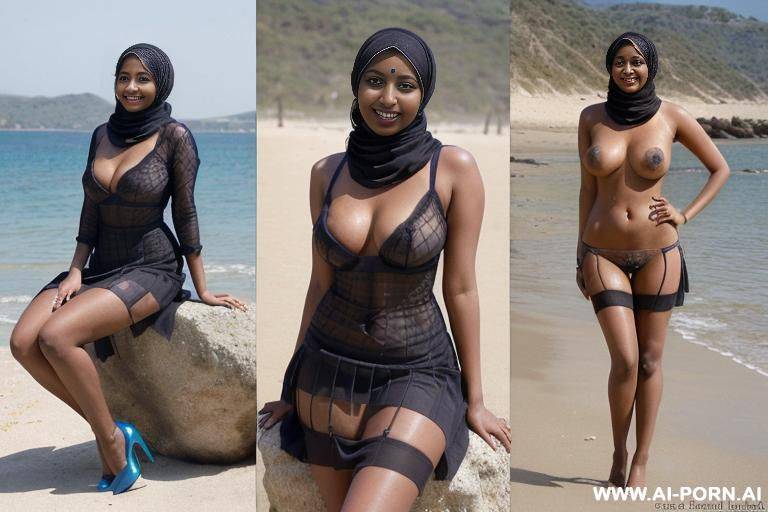 ((dark skin indian woman with hijab)), (((full body view)), ((seductive smile)), stockings, under the sun, outside on the beach, near see, high heel, stockings, feets in water, sitting on a rock, - #main
