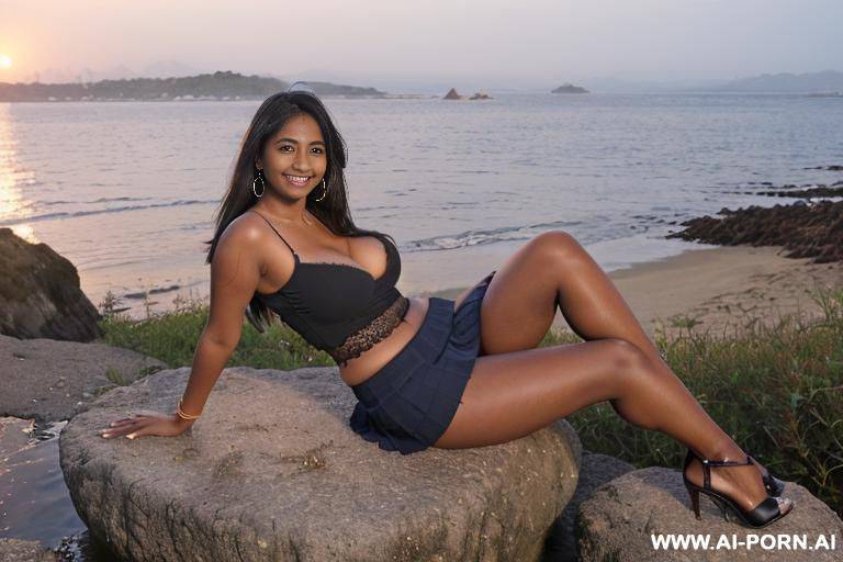 ((dark skin mid-indian mid_asian woman)), (((full body view)), ((seductive smile)), stockings, under the sun, outside on the beach, near see, high heel, feets in water, sitting on a rock, spreading legs, no panty - #main