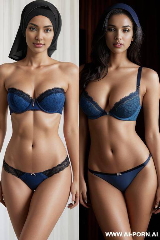 medium full shot, alluring thighs, big boobs, brazilian, hijab, bandeau bra as top, two left and right photos with same woman: { left : red bandeau top},{ right : blue bandeau top } - #main
