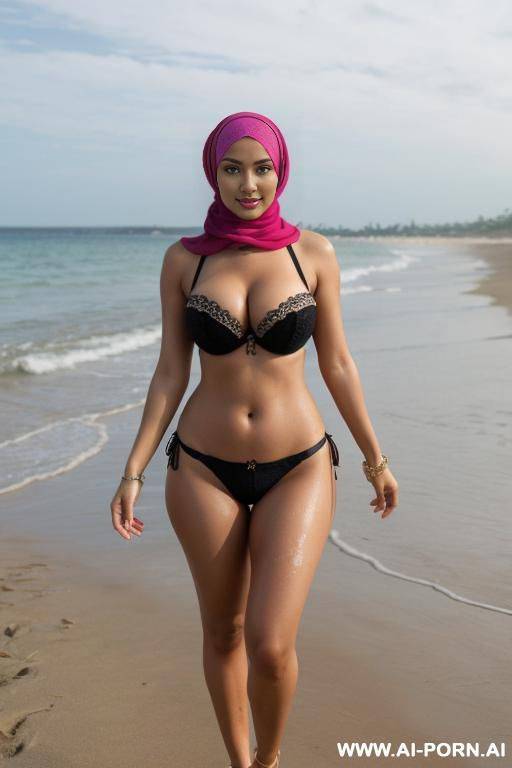 full shot, alluring thighs, big boobs, brazilian, hijab, bandeau bra as top, outside, near see, on beach, feets in water, i want two left and right photos, with same woman, high heel, - #main