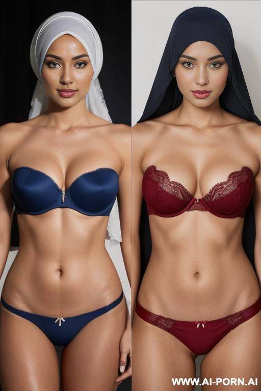medium full shot, alluring thighs, big boobs, brazilian, hijab, bandeau bra as top, i want two left and right photos, with same woman, , the left photo is with red bandeau lingerie and - #main