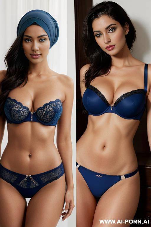 medium full shot, alluring thighs, big boobs, brazilian, hijab, bandeau bra, two left and right photos with same woman: { left : red bandeau },{ right : blue bandeau } - #main