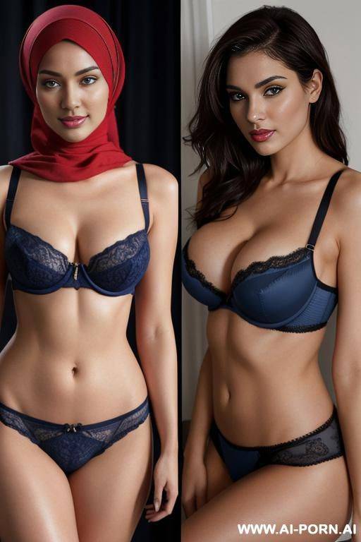 medium full shot, alluring thighs, big boobs, brazilian, hijab, bandeau bra, two photos with same woman, left photo : red bra, right photo : blue bra - #main