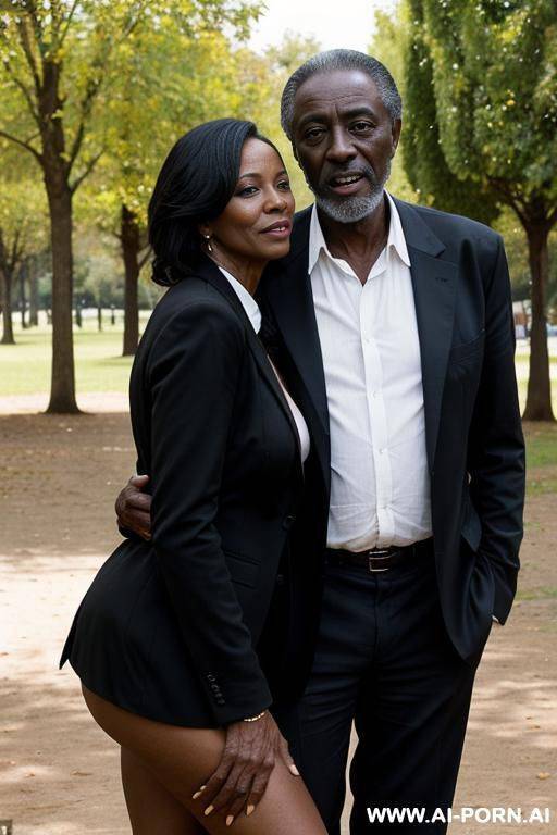 french black mature woman, nude, blazer, standing in park, hugged by old tramp - #main