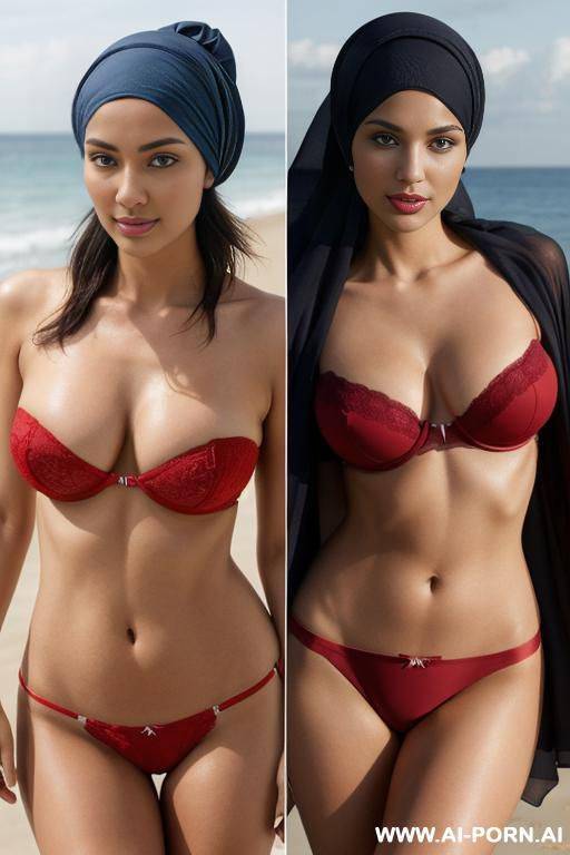 full shot, alluring thighs, big boobs, brazilian, hijab, bandeau bra as top, outside, near see, on beach, feets in water, i want two left and right photos, with same woman, , the left photo - #main