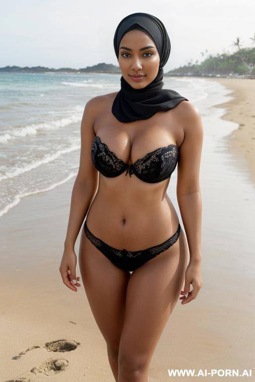 full shot, alluring thighs, big boobs, brazilian, hijab, bandeau bra, outside, near see, on beach, feets in water, i want two left and right photos, with same woman, high heel, - #main