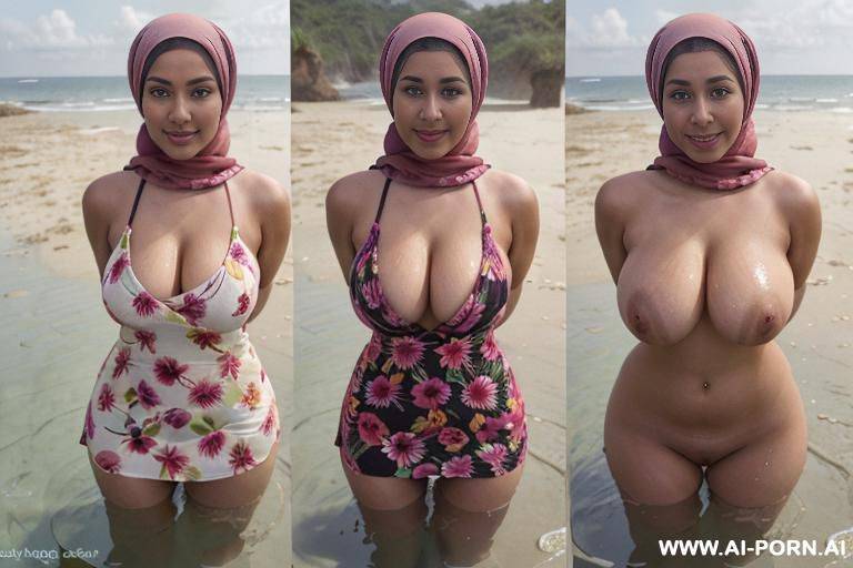 full shot, alluring thighs, flower summer dress, big boobs, brazilian, hijab, outside, near see, on beach, feets in water, - #main