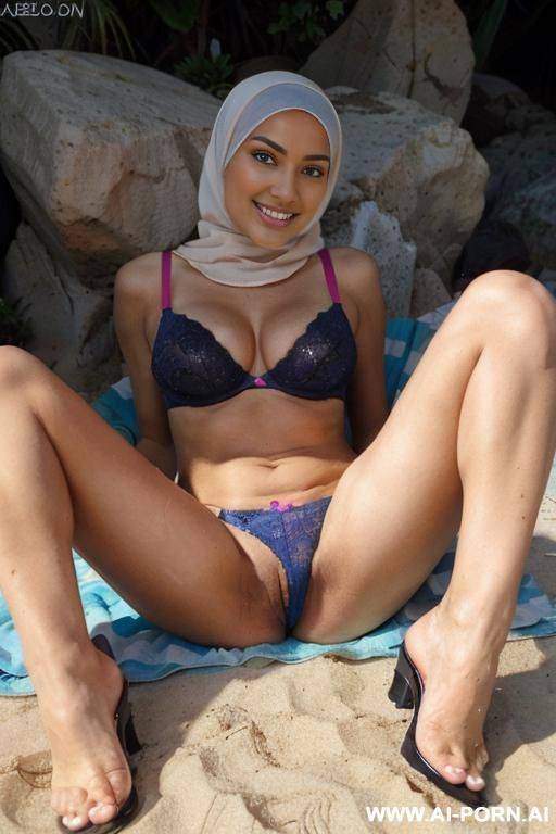 full shot, alluring thighs, big boobs, brazilian, hijab, bandeau blue bra, outside, near see, on beach, feets in water, sit on a rock, legs spread, high heel, no panty, very tanned boobs, nipples pointing outside bra - #main