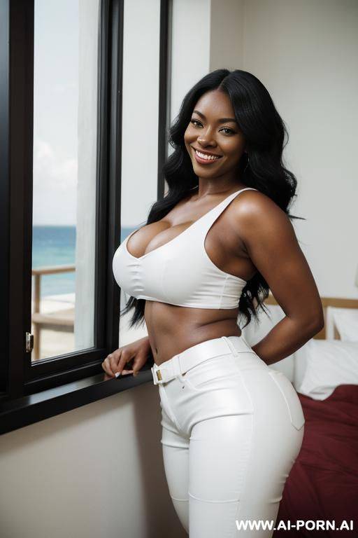 beautiful woman, ebony, black hair, medium hight, mid 20s, long hair, natural boobs, big ass, big hips, with sea in window, red top, white leather pants, sunshine, bedroom - #main