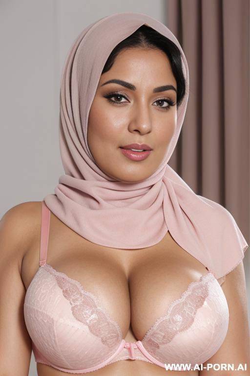 curvy hijab milf in pink bra pussy spreading showing nippels and taking bra cup down - #main