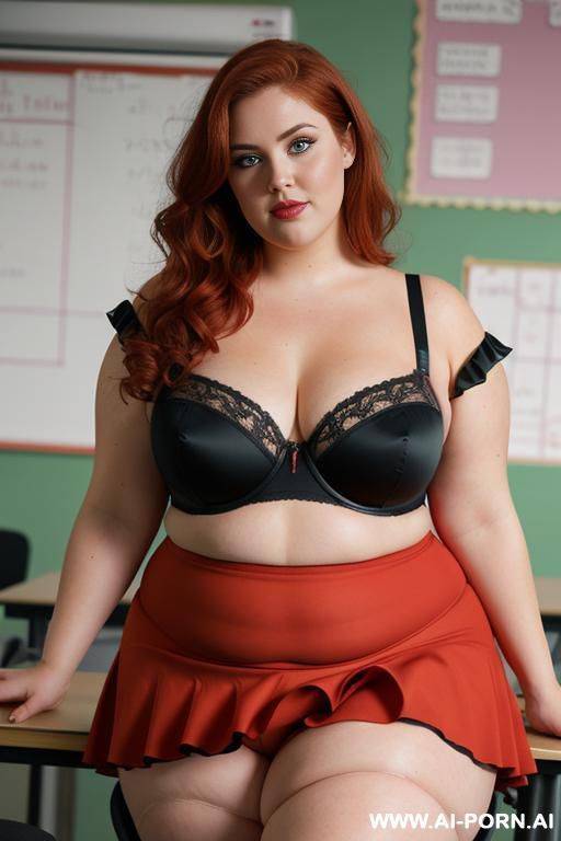 close up full body photo shot, about at classroom, obese chubby fat bbw curvy teacher, wearing a sexy and hot micro red ruffle skirt and caged bra, teaching to the classroom. - #main