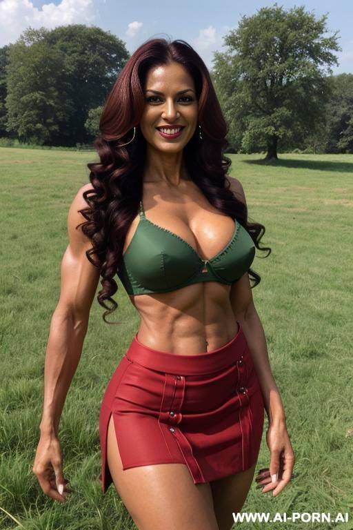 indian, fit, abs, bulked up huge, muscular arms, big ass, tall, long legs, navel piercing, red bra, red pleat skirt, looking at camera, full body, stiletto, green field - #main