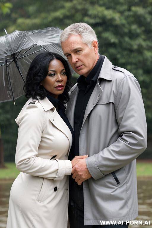 ebony mature woman, nude, standing in park, hugged by white man wearing trenchcoat - #main
