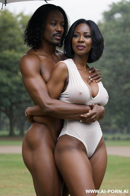 nude ebony mature woman, standing in park, hugged by white man - #main