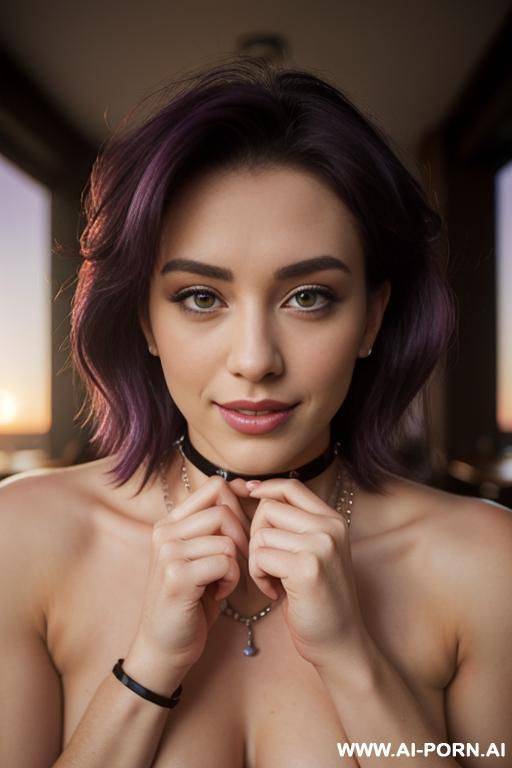 ((topless)), ((perfect breasts)), (detailed nippled), (pretty face), (wide hips), (inviting seductive smile), (light tan), (choker), (belly button ring), (hip chain) - #main