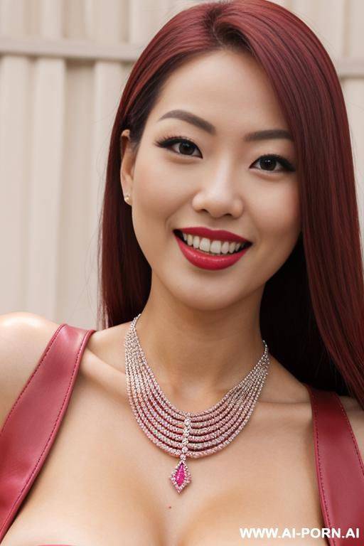red high heeled boots, nude, japanese, beautiful, model figure, diamond necklace, thick pink labia, close-up, smile, tongue - #main