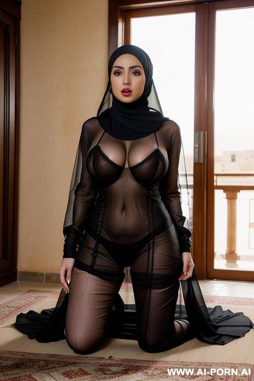 (wearing hijab) (kneeling) (transparent clothes) (fully covered) (pressing boobs) - #main