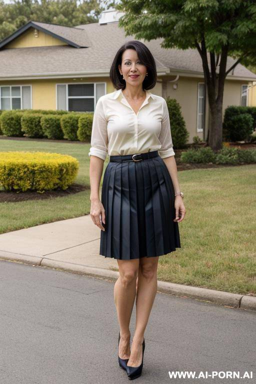 suburban mom, yellow pleat skirt, outside her house - #main