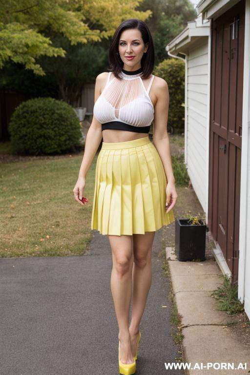 suburban mom, short yellow pleat skirt, outside her house - #main