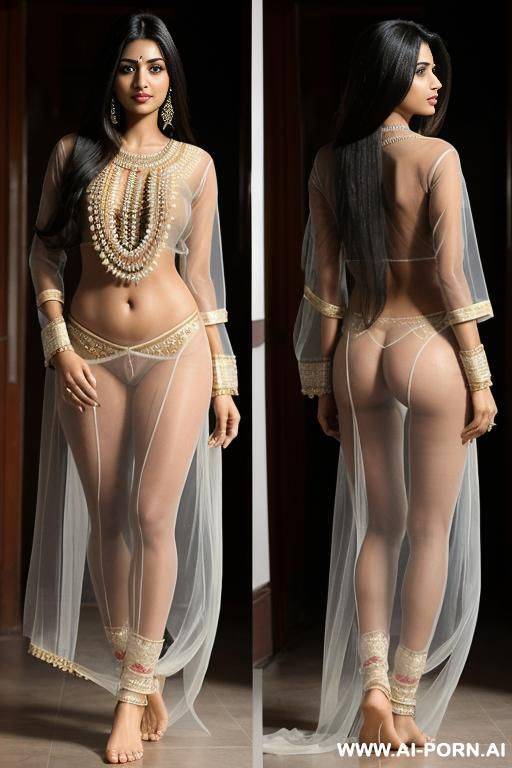sexy naked indian women showing her beautiful natural ass, full body view, wearing transparent indian saya and transparent blouse - #main