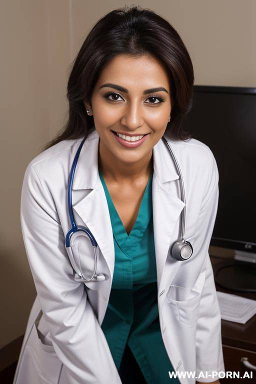 (close up) (tanned pakistani doctor) (white doctor coat) (nip slip) (doctor office) (bending down) (smiling) - #main