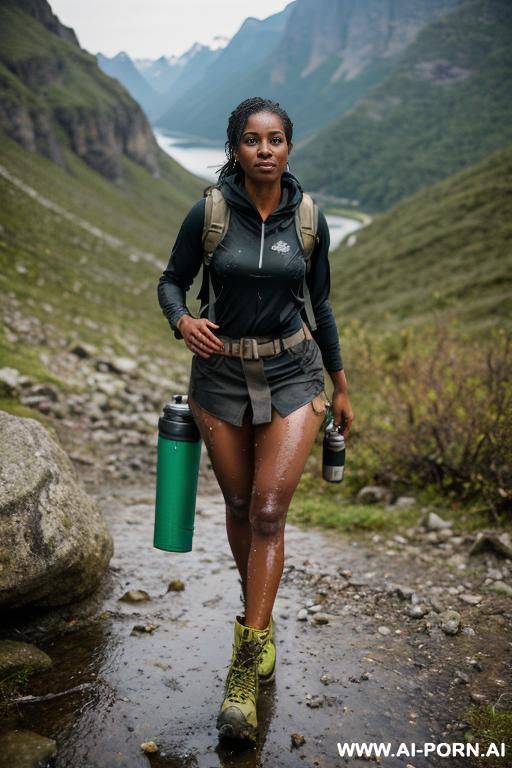 hardworking brown skin ebony woman. covered in oil and watery skin. horrible clothes, tattered clothes. flesh and soft thighs. exposed thighs. skirt below thighs. higher waist closer to chest. very - #main